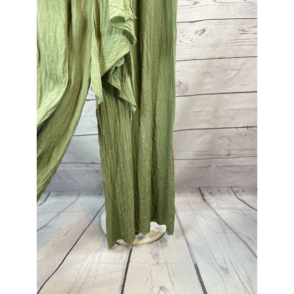 Bellambra Green Linen Wide Leg Pants Small Stretch Waist Tie Front Boho Lounge - Picture 2 of 5